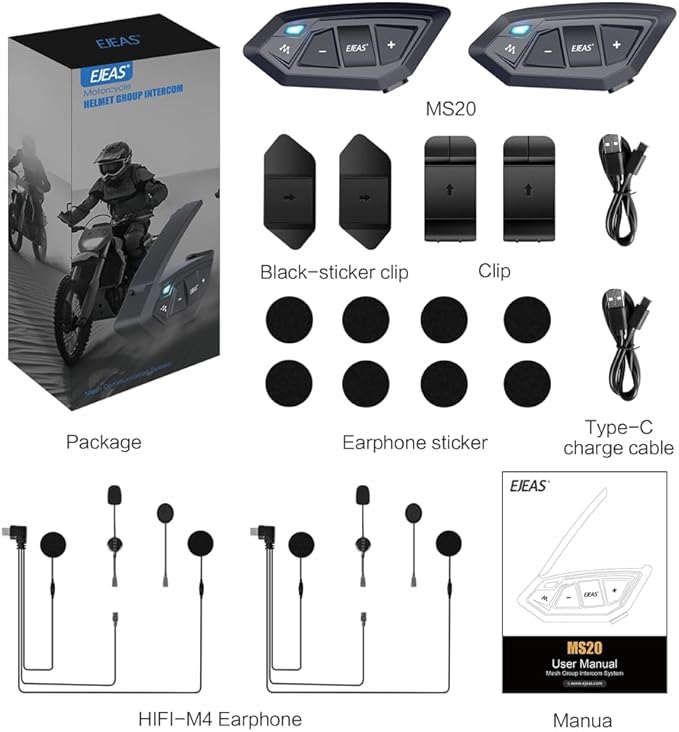 Motorcycle Bluetooth intercom MS20 2000m Helmet Intercom, 20 Riders Motorcycl...