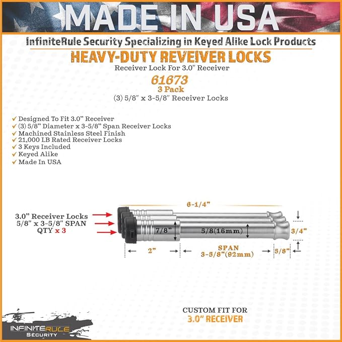61673 | 3 Pack, Keyed Alike, Receiver Locks