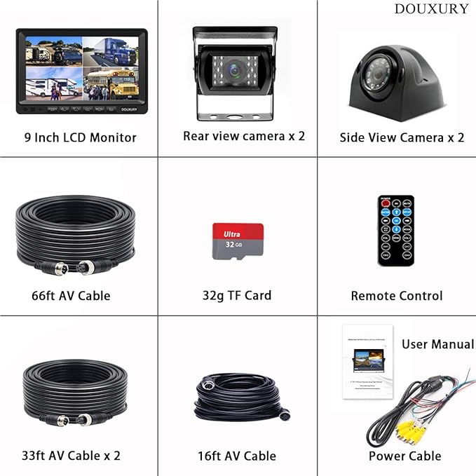Backup Camera System with 9'' Quad Split 1080P Monitor