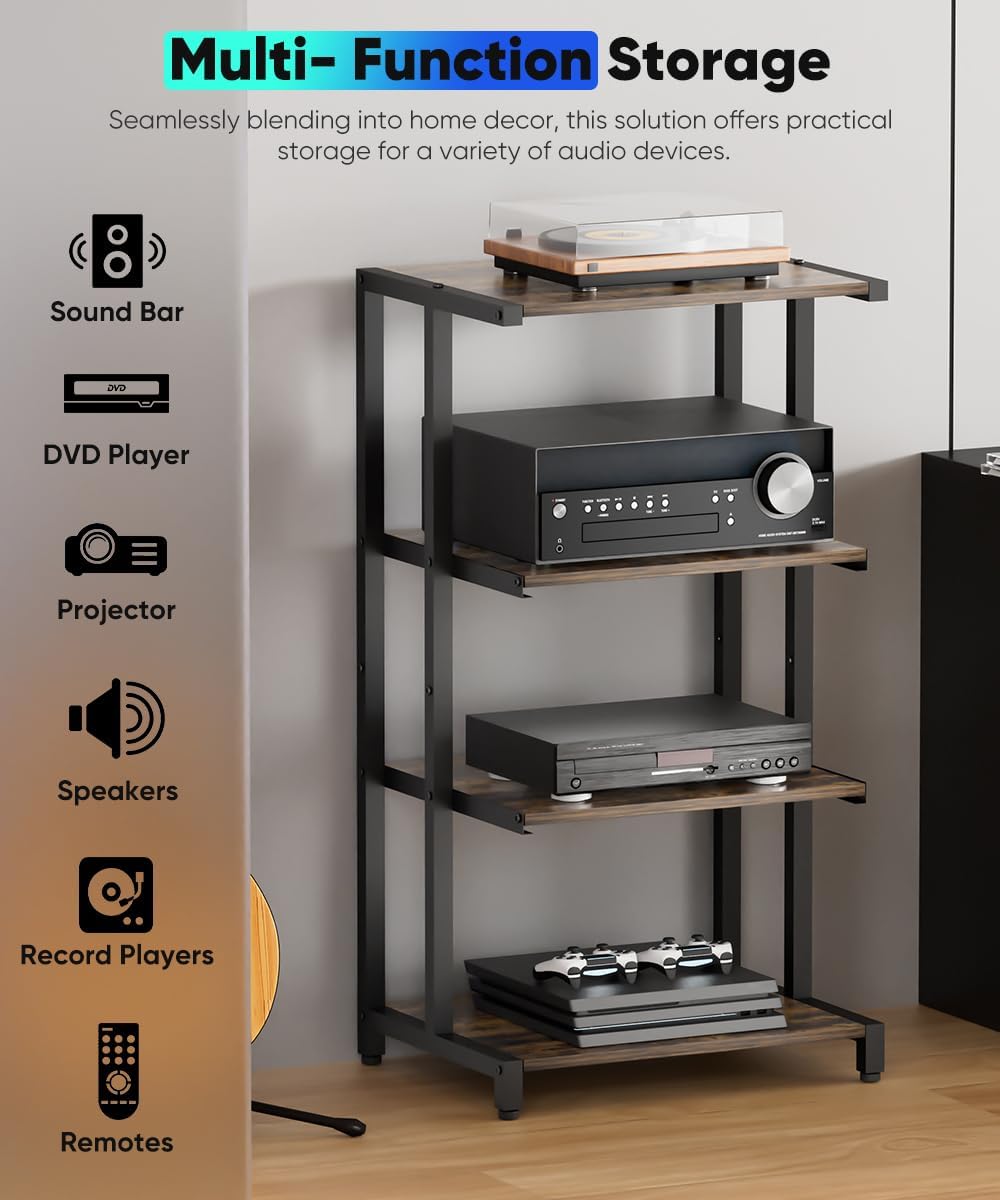 4-Tier Wooden Media Stand, AV Media Stand Corner Shelf for TV Accessories/Aud...