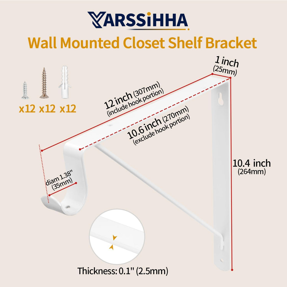 Yarssihha 6 Pack Closet Rod Bracket, 12 x 10.4 Inch Wall Mounted Closet Shelf...