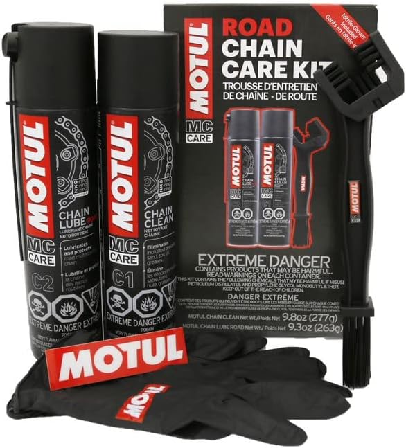 Motul C1 Chain Cleaner and C2 Motorcycle Chain Lube Kit with Brush, Gloves, and Sticker, Complete Road Motorcycle Maintenance Kit for Street Bikes and Karts