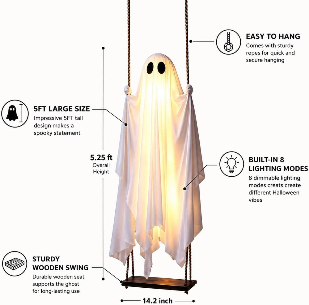 Large 5FT Capacity Light Up Swinging Ghost Halloween Decoration for Yard