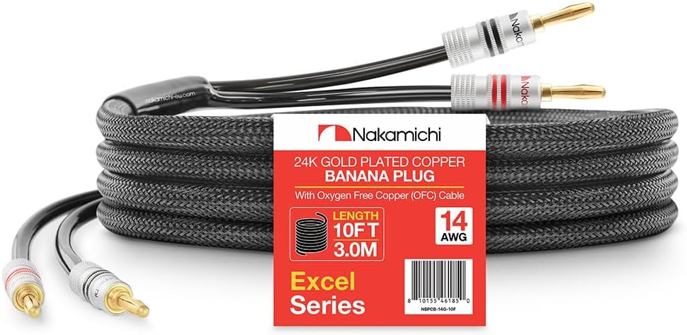 Nakamichi 24k Gold Plated Banana Plugs with 14 AWG Speaker Cable 99.9% OFC