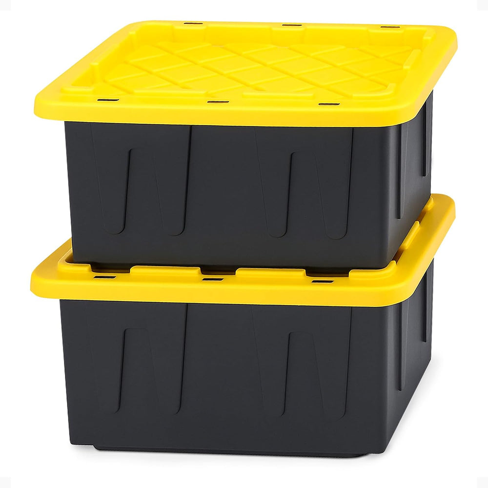 HOMZ Durabilt Plastic Storage Bins with Lids, 15 Gal, Black/Yellow, 2 Pack