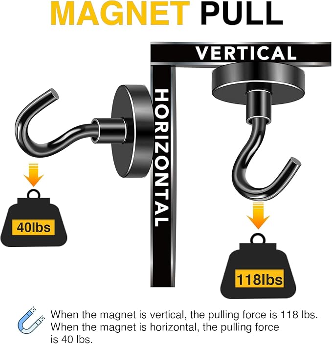 DIYMAG Black Magnetic Hooks, 118 LB Heavy Duty Strong Magnet (20pcs)