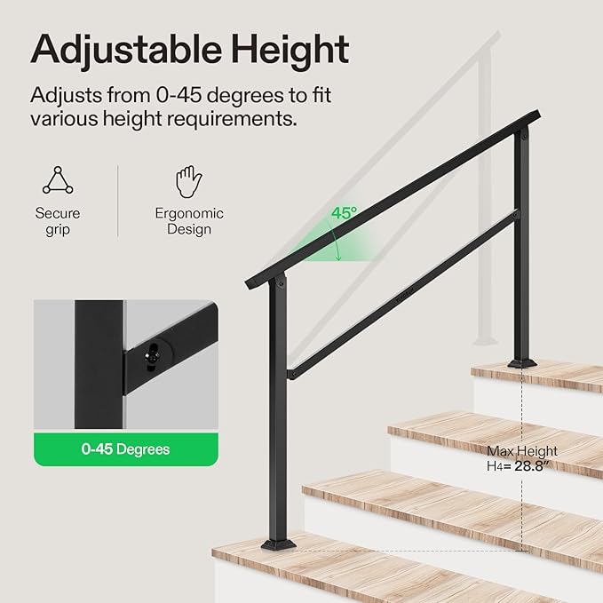 VIVOSUN Outdoor Handrail, 4 Step Stair Handrail, Wrought Mattle Iron Handrail