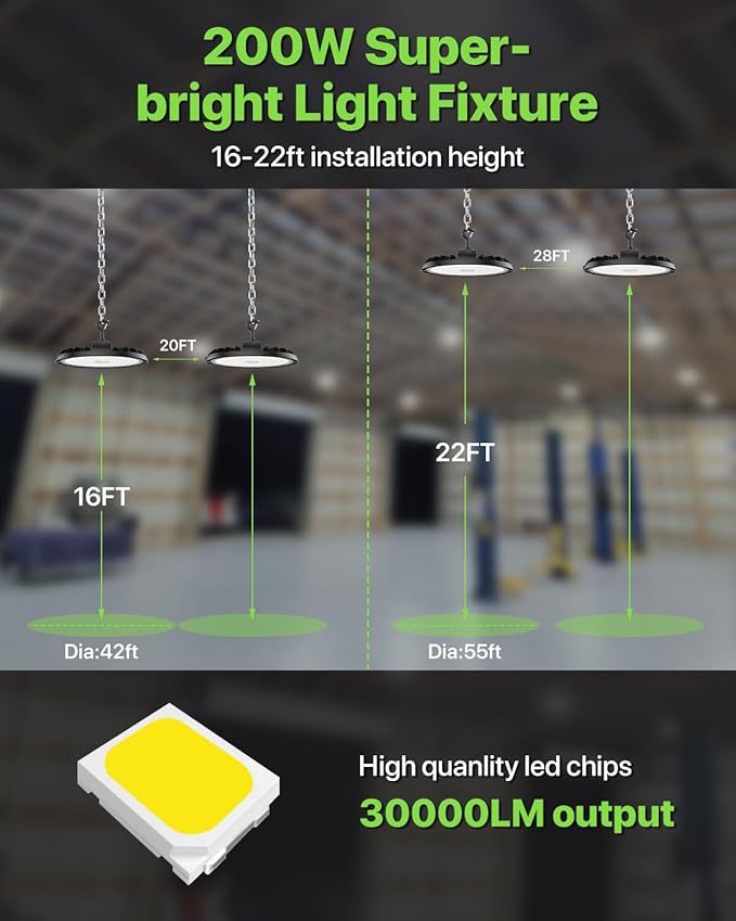 200W UFO LED High Bay Light 6-Pack 150LM/W 30, 000LM Output Led Shop Lights