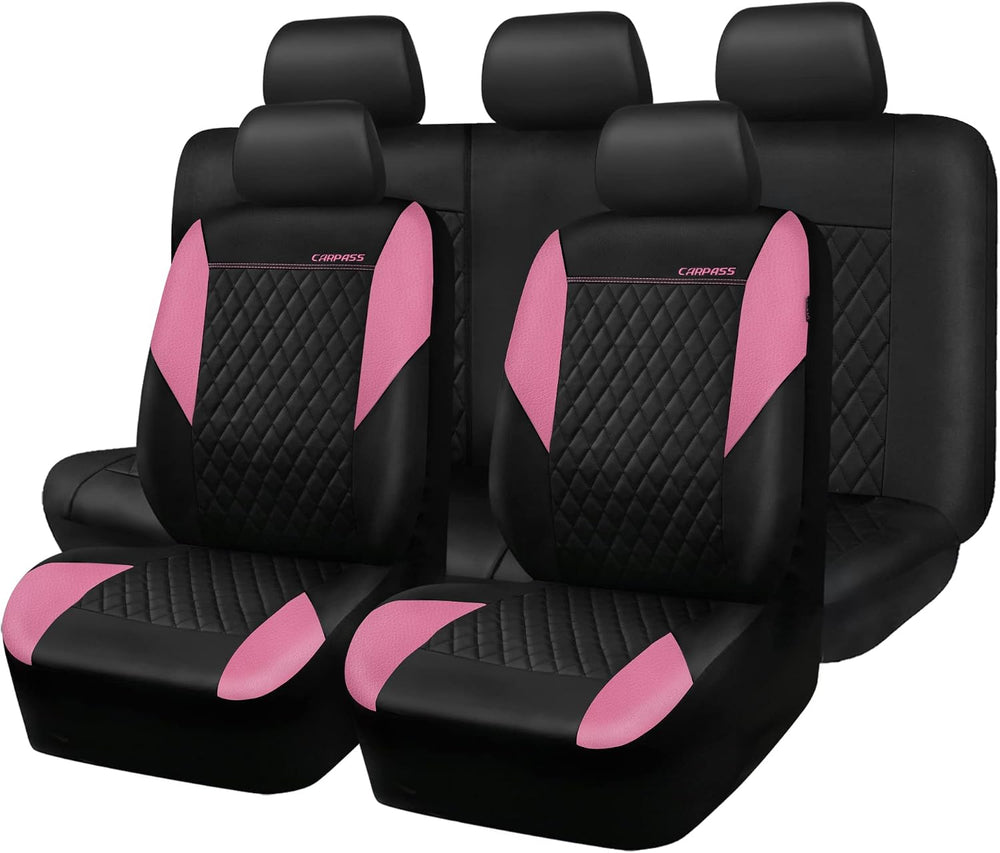 CAR PASS Pink Leather Seat Covers,Girly Quilting Pretty Cute Car Seat Cover w...