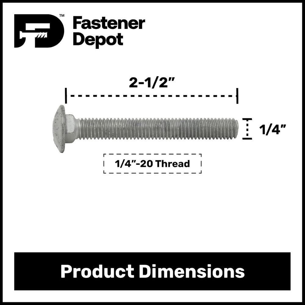 1/4"-20 x 2-1/2" (100 Pack) Galvanized Carriage Bolt Kit Grade 307A...
