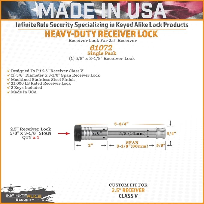 2" & 2.5" Receiver Lock, Heavy Duty Hitch Lock Pin, American Ma...