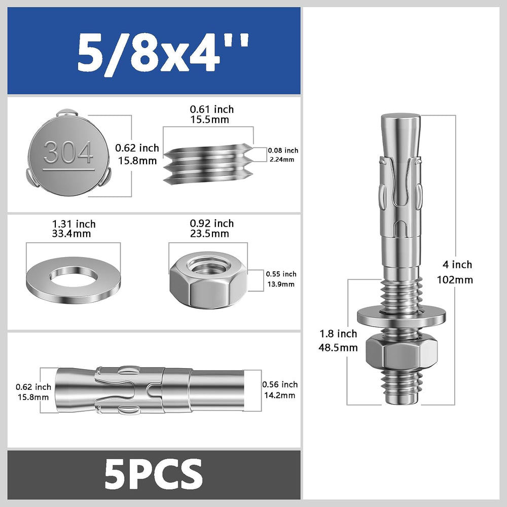 Wensilon 5Pcs 5/8x4 Inch Standard Fasteners for Heavy-Duty 304 Stainless Stee...