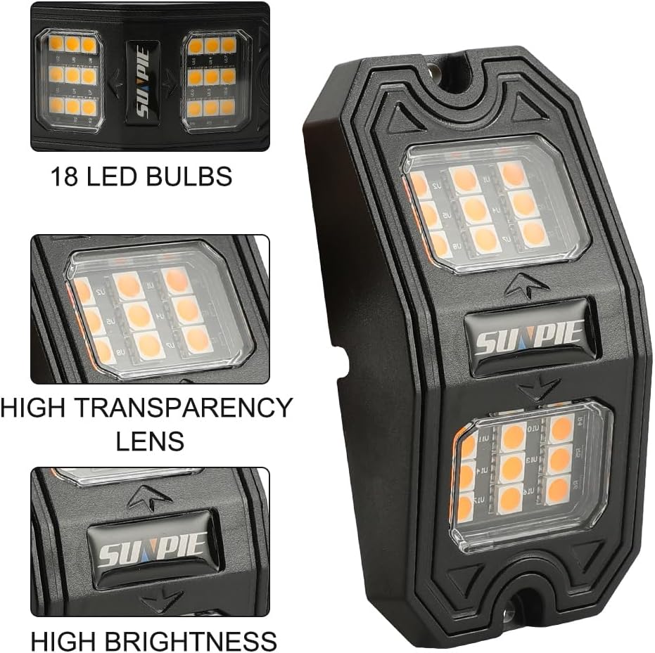 SUNPIE 8 Pods Quick Connect Amber Rock Lights, 18 Wide Angle Chips, 4M Extens...