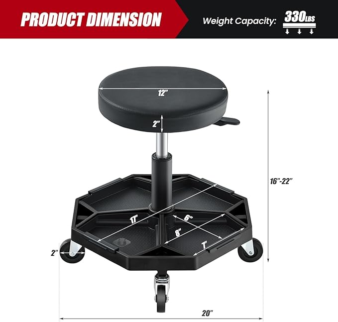 IRONMAX Rolling Mechanic Stool, Adjustable Shop Stool Creeper Seat