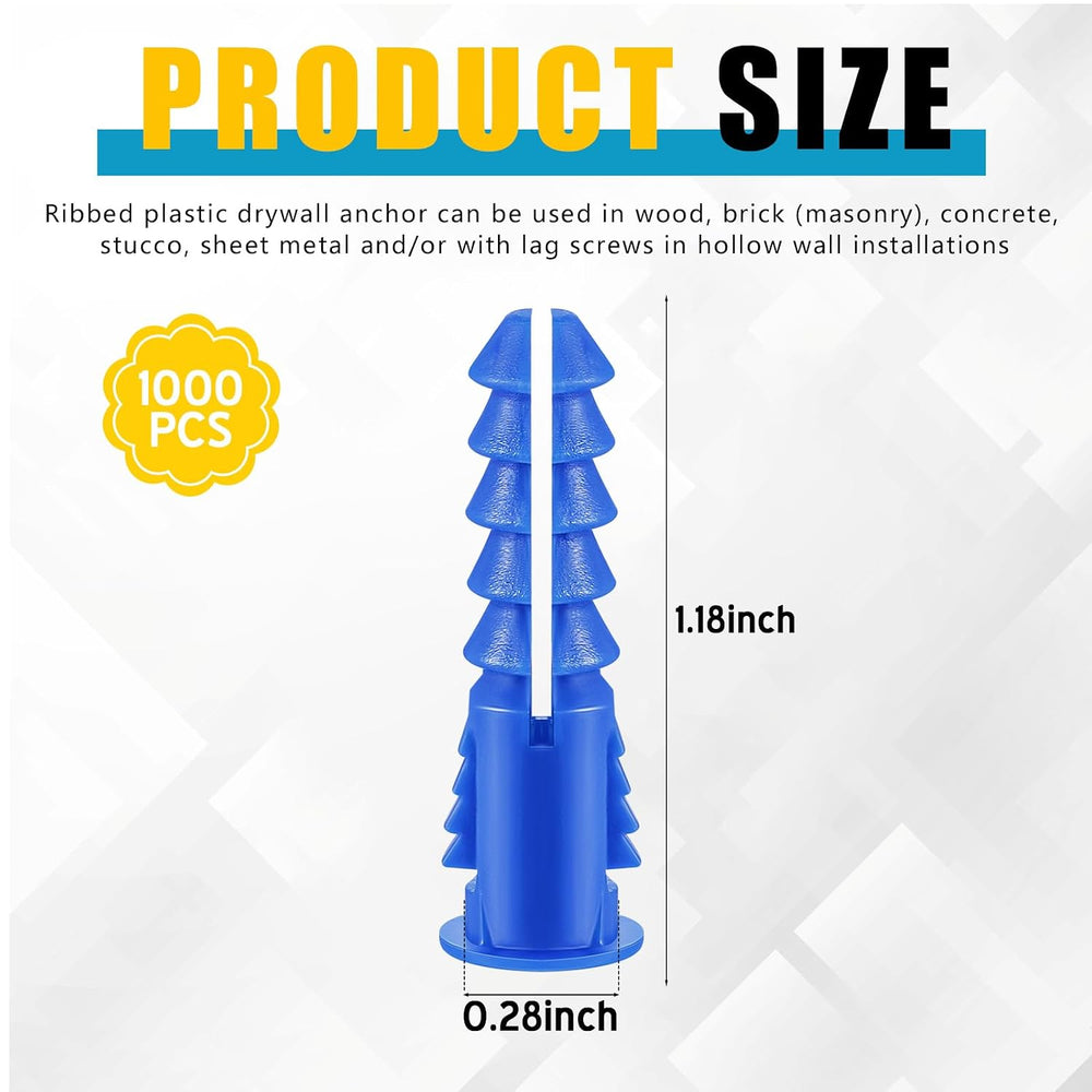 1000 Pcs #8-10-12 x 1-1/4 Inch Ribbed Lightweight Plastic Anchors (Blue)