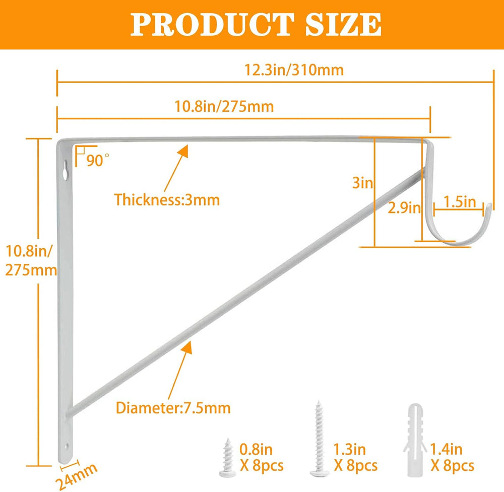 8 Pack Heavy Duty Closet Rod Bracket 11”x11” Closet Shelf & Rod Brackets,...