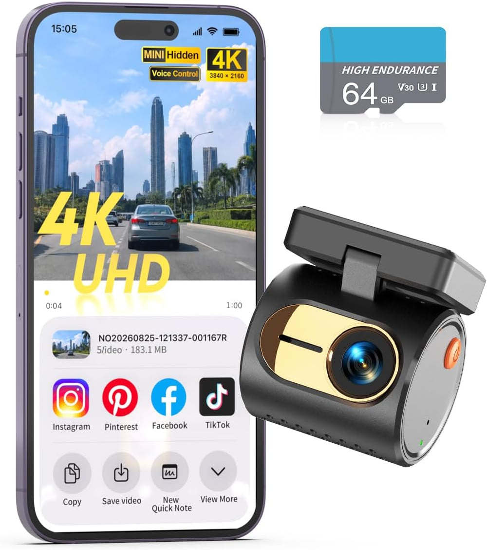 KAWA 4K Tiny Dash Cam, Voice Control & WiFi 6, Loop Mini Camera for Car