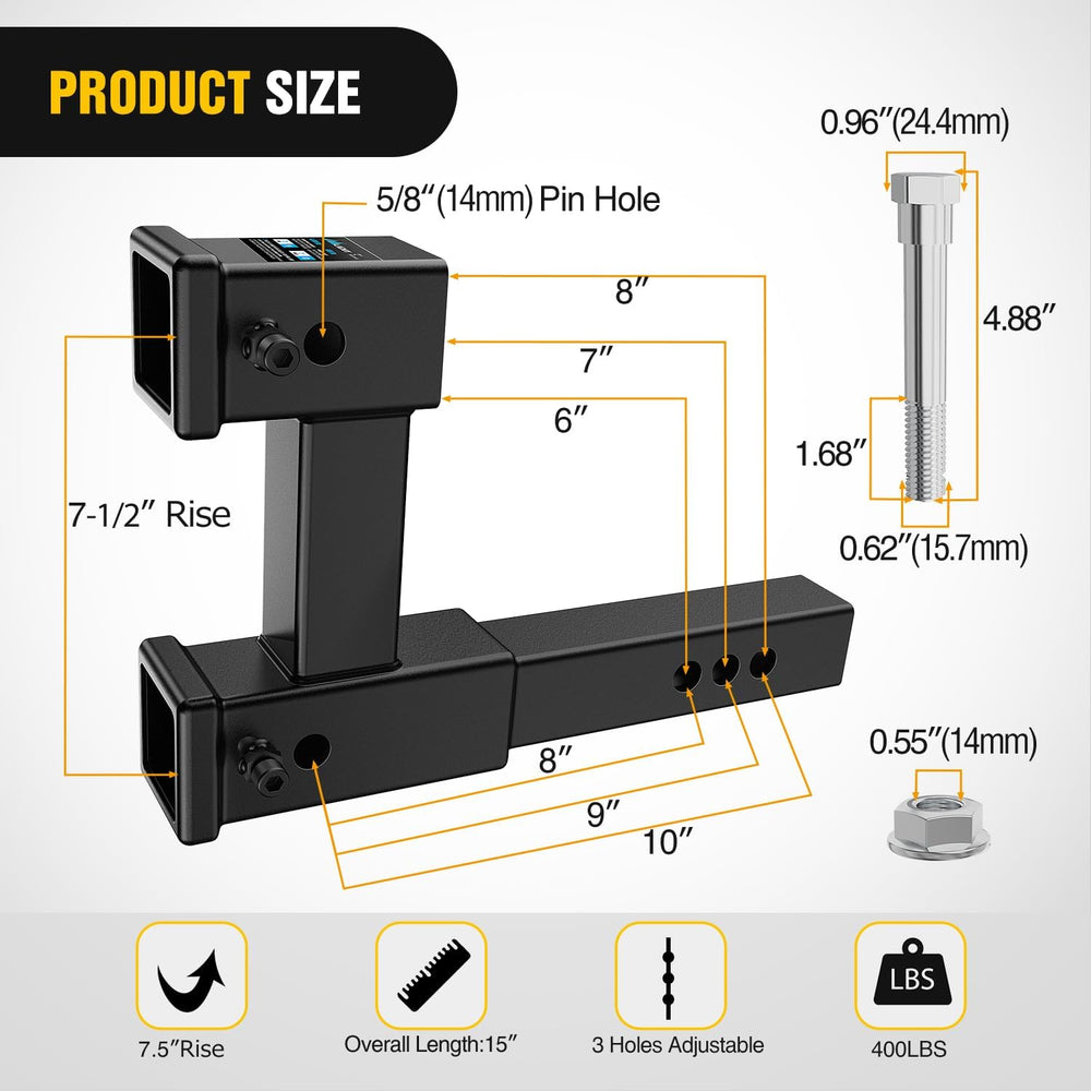 Nilight Dual Hitch Extender to 10", Rise Drop 7-1/2 inch w/Hitch Tightener