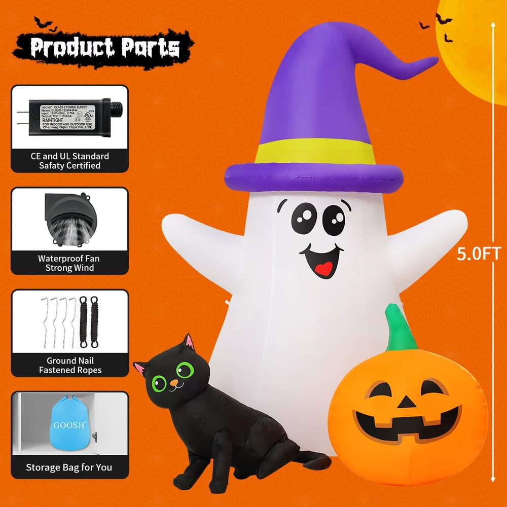 GOOSH 5 FT Halloween Inflatables Ghost Outdoor Decorations Blow Up Yard Cute ...