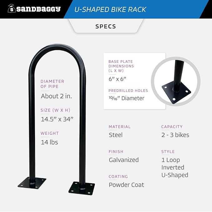 Sandbaggy In Ground Bike Rack | U Shaped, Commercial, 1 Loop, Galvanized Steel