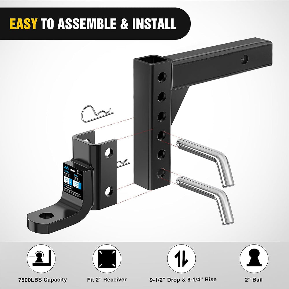 Nilight 8-Position Adjustable Trailer Hitch Ball Mount Fits 2 Inch Receiver w...