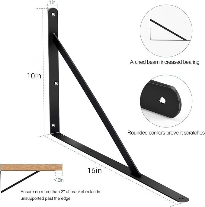 8 Pack L16 x H 10" Black Heavy Duty Shelf Brackets