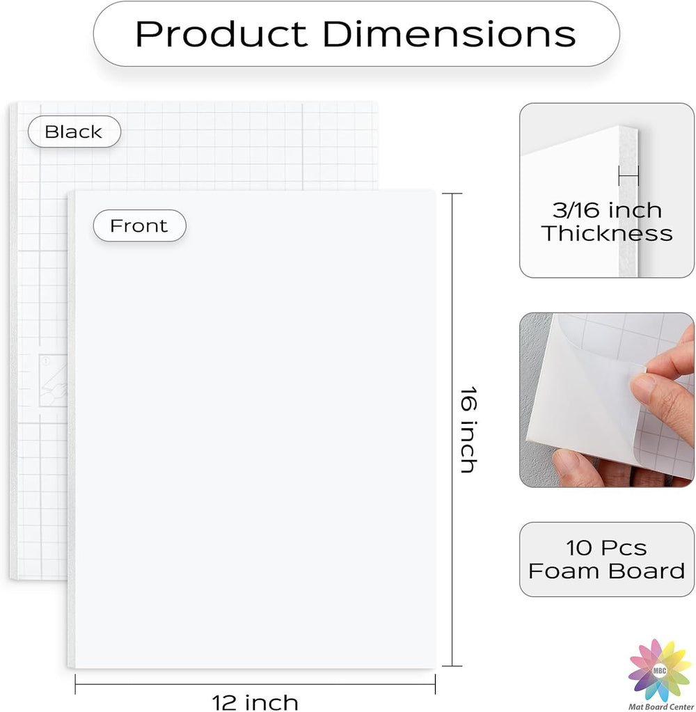 Mat Board Center 10 Pack 12x16 Self Adhesive White Foam Board 3/16" Thick