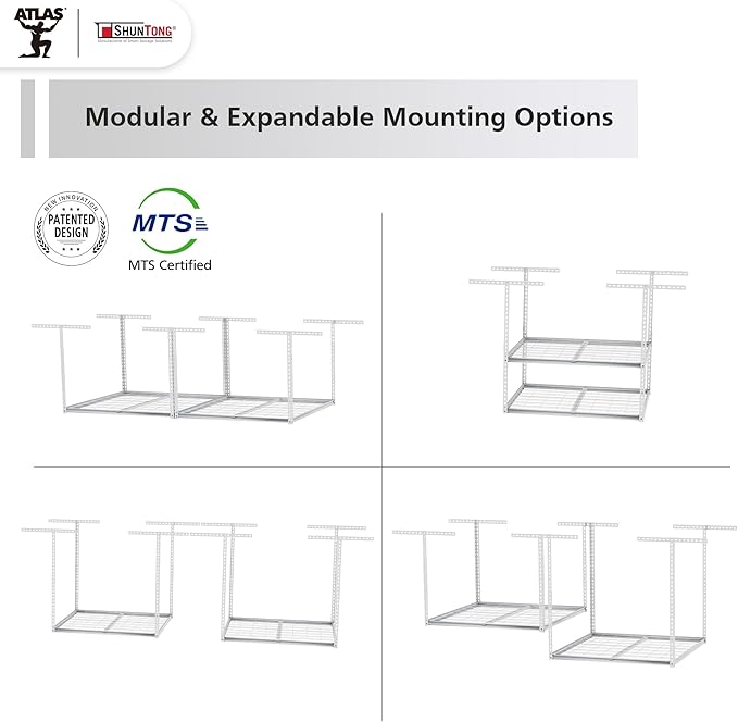 The Atlas 4 x 8 ft Adjustable Height Overhead Garage Storage Rack 900 lbs Heavy