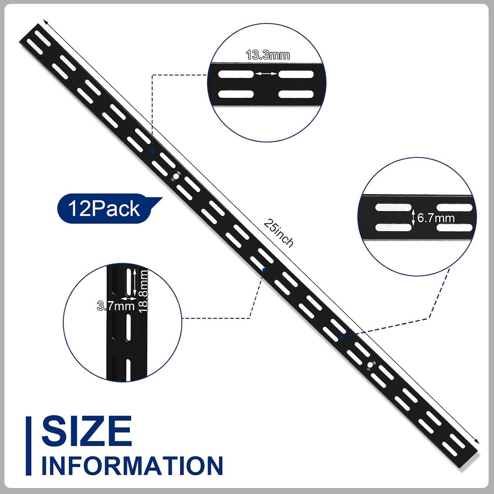 MorningRo 12 Pack 25" Dual Track Shelving Rail, Dual Slot Upright, Black