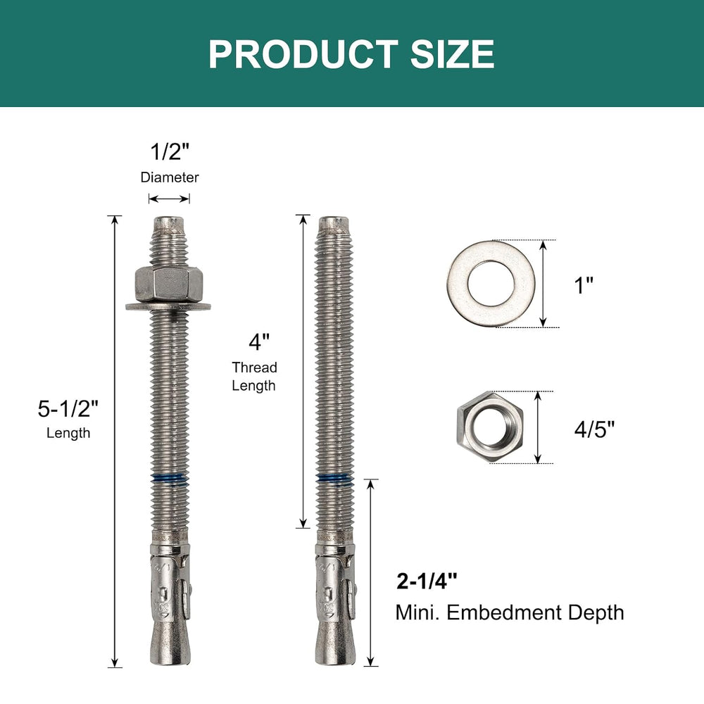 1/2" x 5-1/2" Concrete Anchors (12 Pack) 1/2 inch Wedge Anchors Bol...