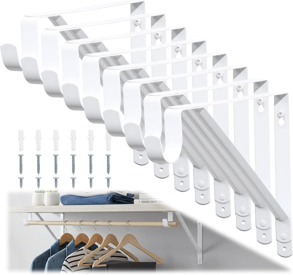 Closet Rod Brackets 11x9.5in, 8 Pack Closet Shelf Brackets, White