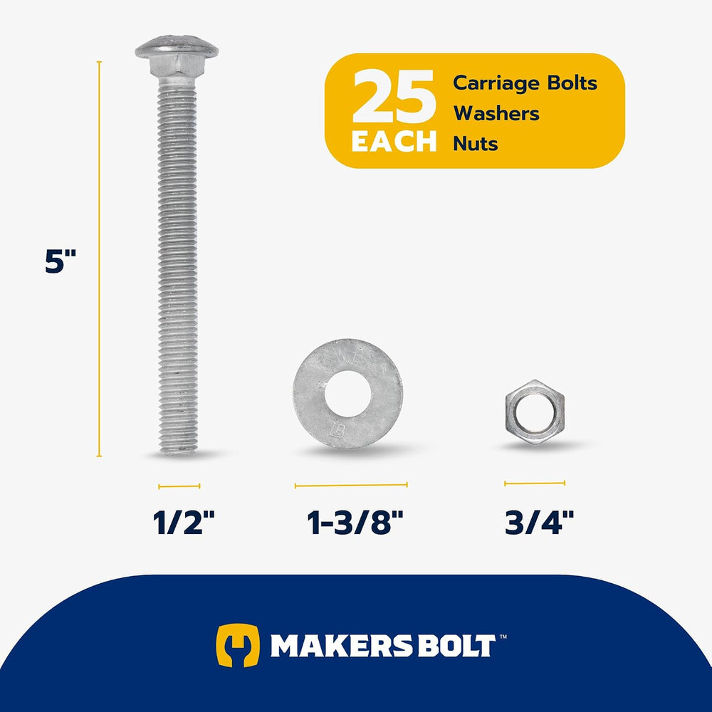 1/2" x 5" (25 Pack) Galvanized Carriage Bolt Kit Grade 307A Include...