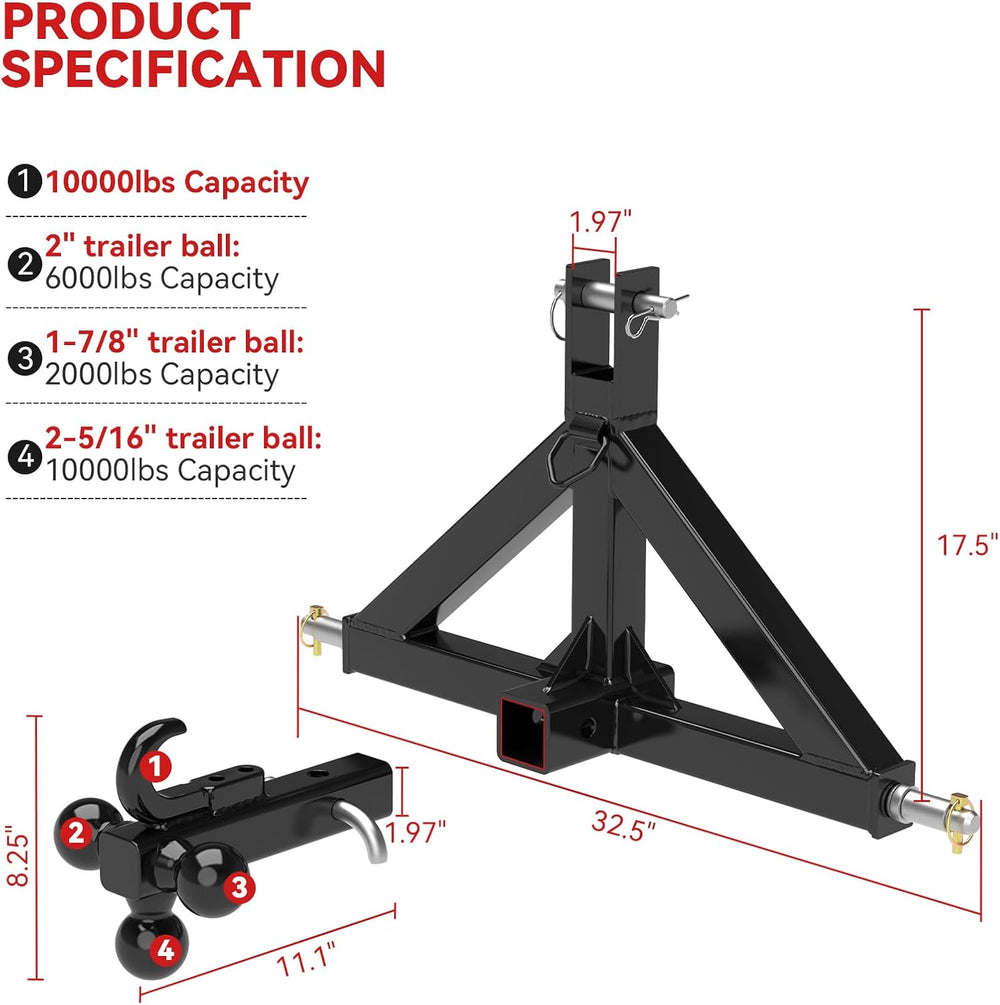 3 Point Trailer Hitch 2” Receiver for Category 1 Tractor Quick Hitch, Black