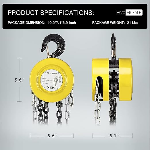 SPECSTAR Hand Chain Hoist 1 Ton 2200 Lbs Capacity 10 Feet