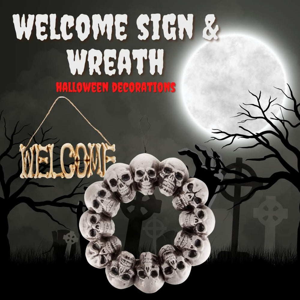Halloween Welcome Sign & Skull Wreath 2 Pack Fall Skeleton Door Wall Decor