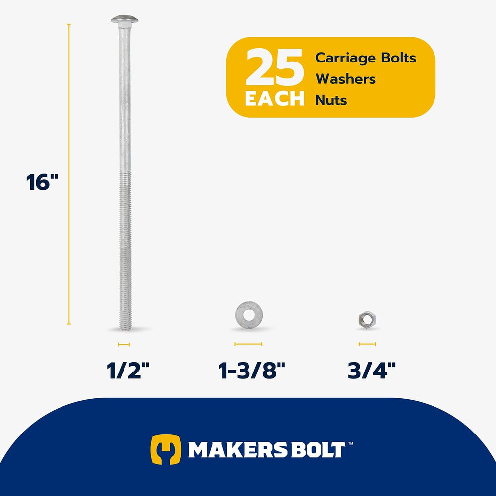 1/2" x 16" (25 Pack) Galvanized Carriage Bolt Kit Grade 307A Includ...