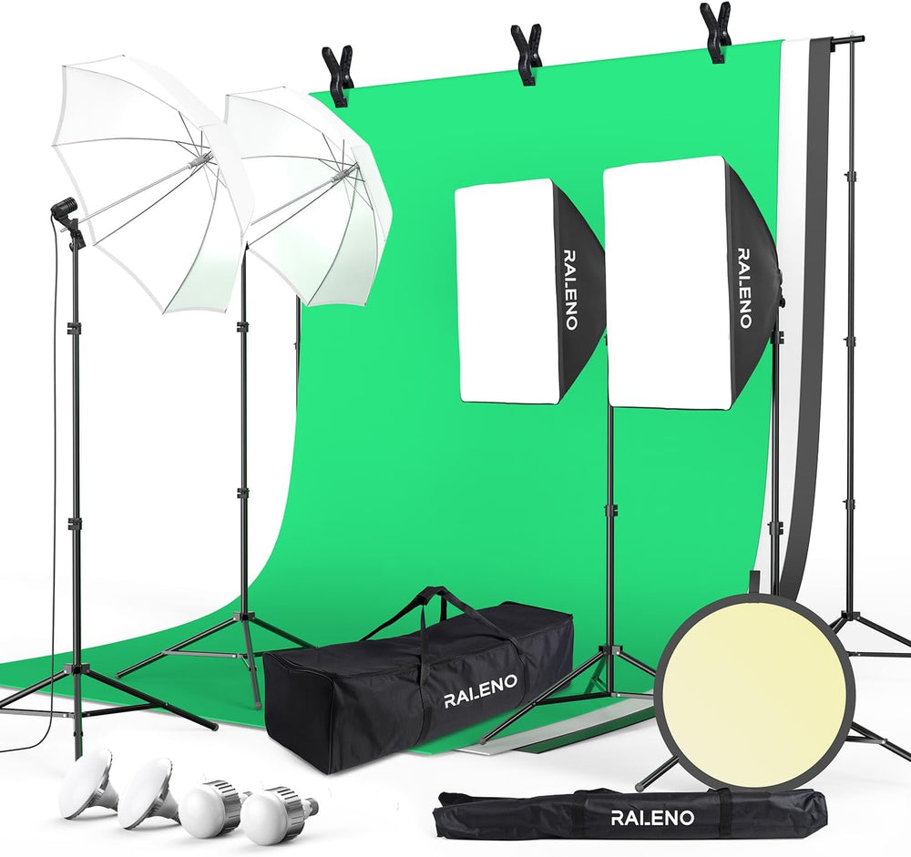 RALENO Photography Lighting Kit, 8.5x10ft Backdrop Stands with Green Screen