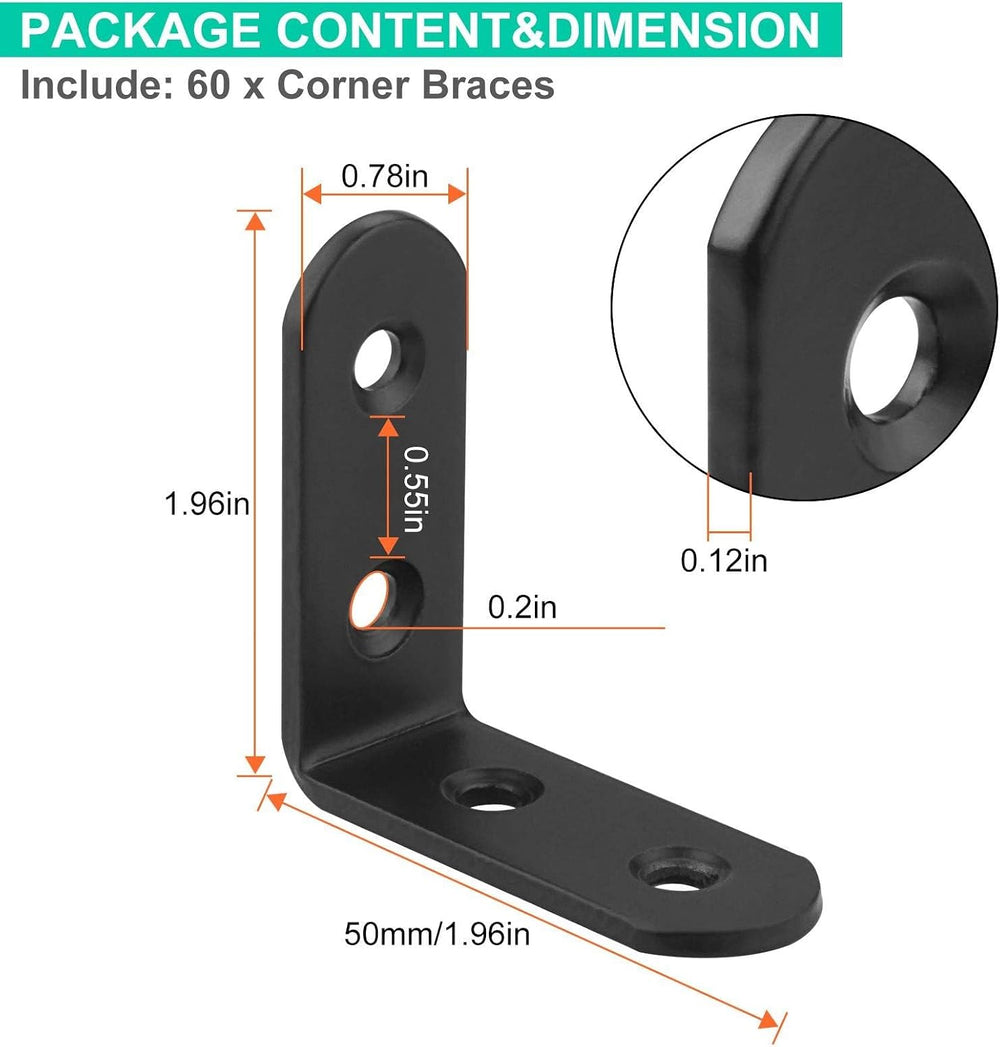 60Pcs Black Corner Bracket, 2”x2” Heavy Duty Black Corner Brace, 3MM Thicknes...