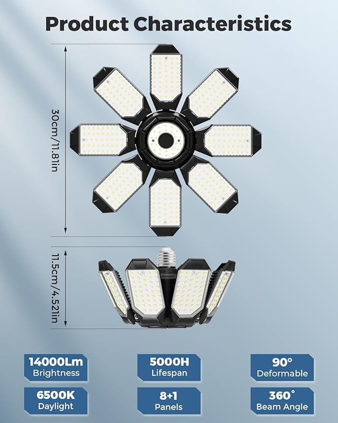 Adiding LED Garage Ceiling Lights 2 Pack w/ 8+1 Adjustable Panel, Super Bright