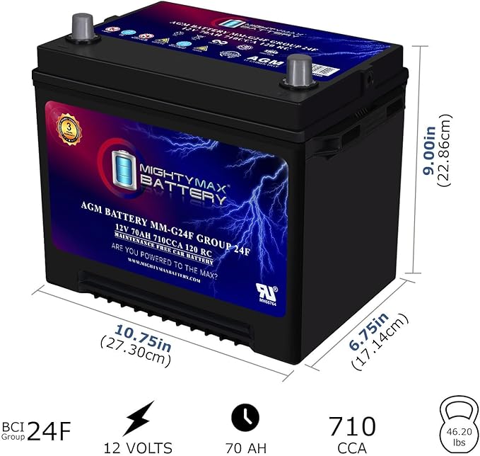 Mighty Max Battery MM-G24F Start and Stop Car BCI Group Size 24F 12V 70Ah