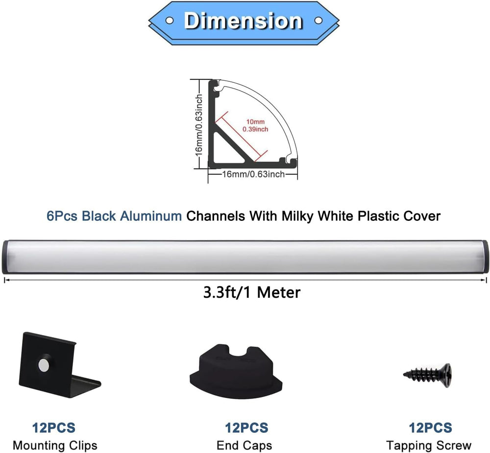 VST 6Pack 3.3 ft Black LED Aluminum Channel with Milky White Cover V Shape 16...