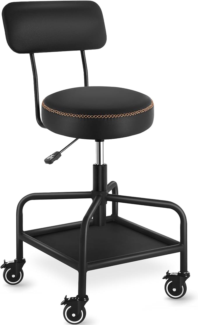 Shop Stool with Lockable Rubber Wheels Adjustable Backrest Tool Tray Storage