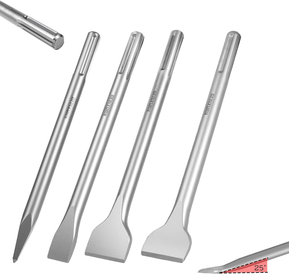GEINXURN SDS MAX Chisels, 4PCS 12-Inch Long Masonry Chisel Bit Set, 40Cr Stee...