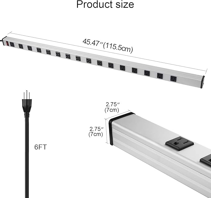 Long Heavy Duty Power Strip, 16 Outlet Large Metal Power Strip, Garage Workshop