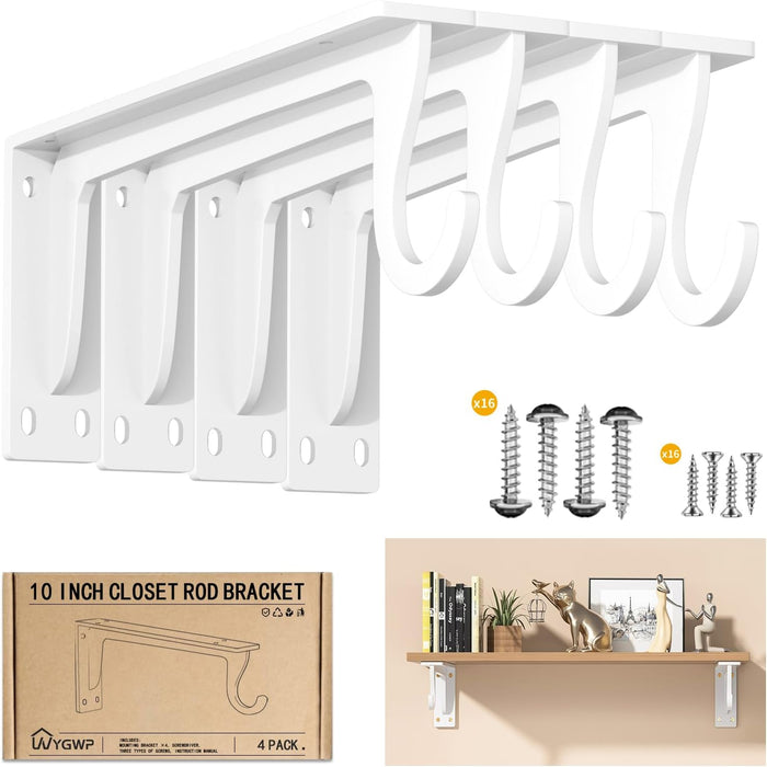 10inch Closet Rod Support Bracket Heavy Duty 400lbs (4pack White )