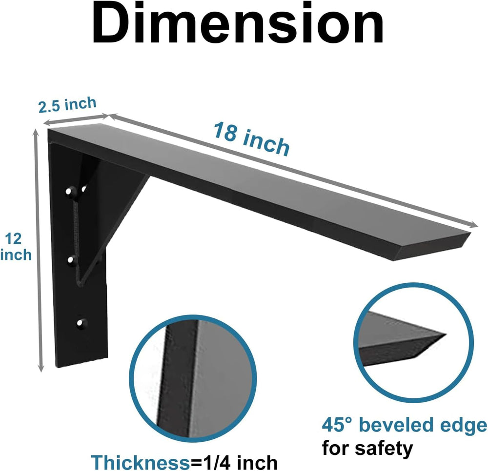 Heavy Duty Shelf Brackets 2 Pack 18" x 10" x 2.5" Black Steel ...