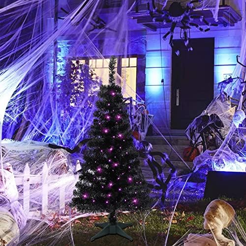 Juegoal Lighted Artificial Halloween Black Christmas Tree, 4FT Black Tinsel P...