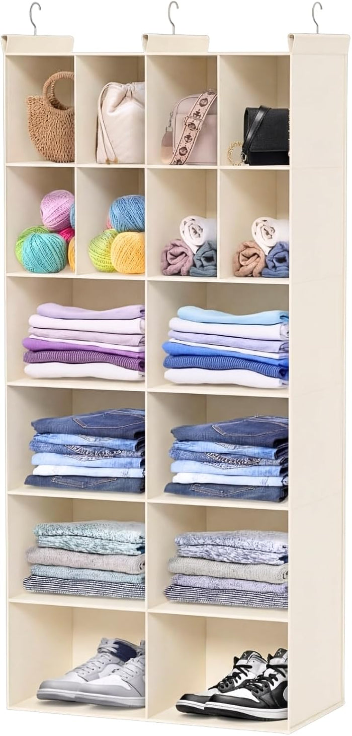 6 Tier Hanging Closet Organizer, 16 Compartments Dual Row Storage, Beige