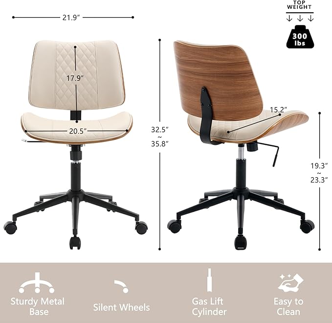 Home Office Chair No Arms with Wheels, Adjustable Height Small Desk Chair