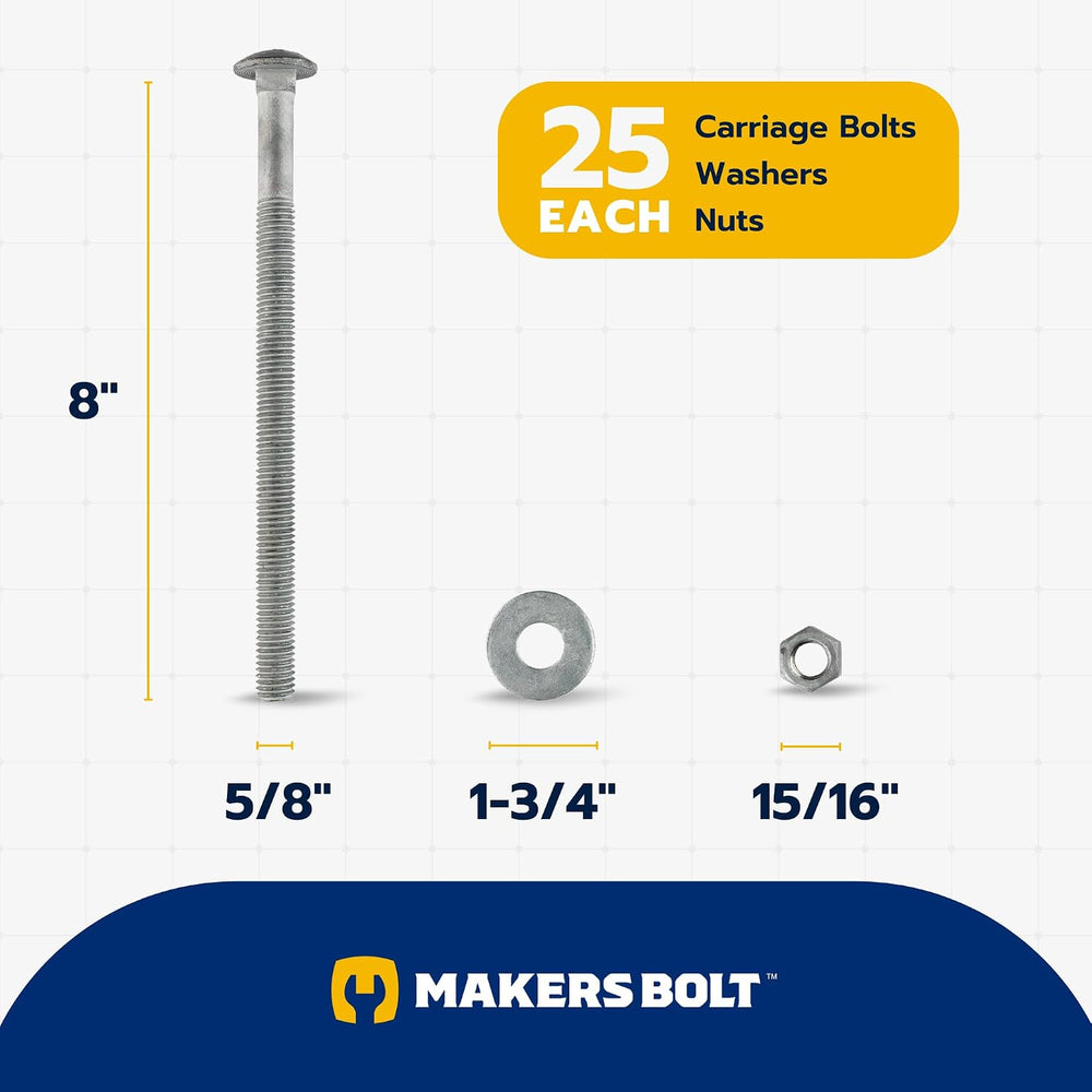 5/8" x 8" (25 pk) Hot Dip Galvanized 307A Carriage Bolt, Washer, Nu...
